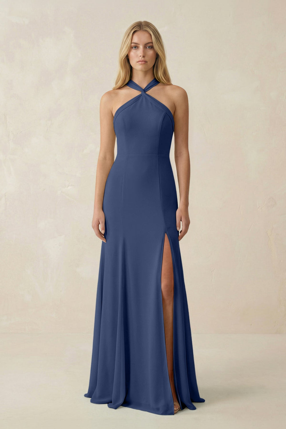 Halter Chiffon Mermaid Ruched Bridesmaid Dress in Navy - SHE IS ME Bridesmaid Dresses