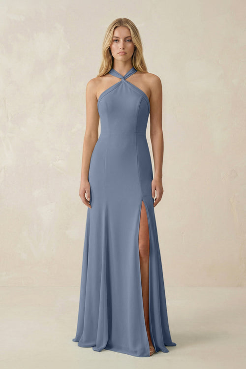 Halter Chiffon Mermaid Ruched Bridesmaid Dress in Neptune - SHE IS ME Bridesmaid Dresses