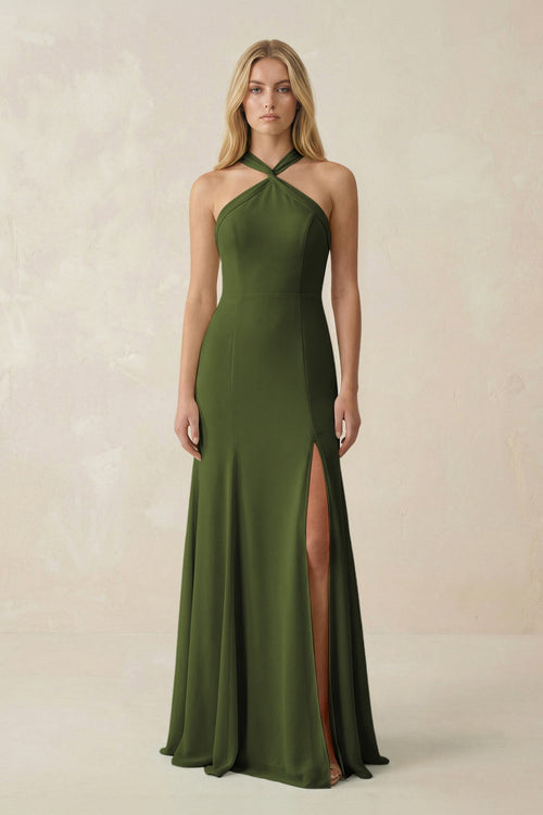 Halter Chiffon Mermaid Ruched Bridesmaid Dress in Olive - SHE IS ME Bridesmaid Dresses