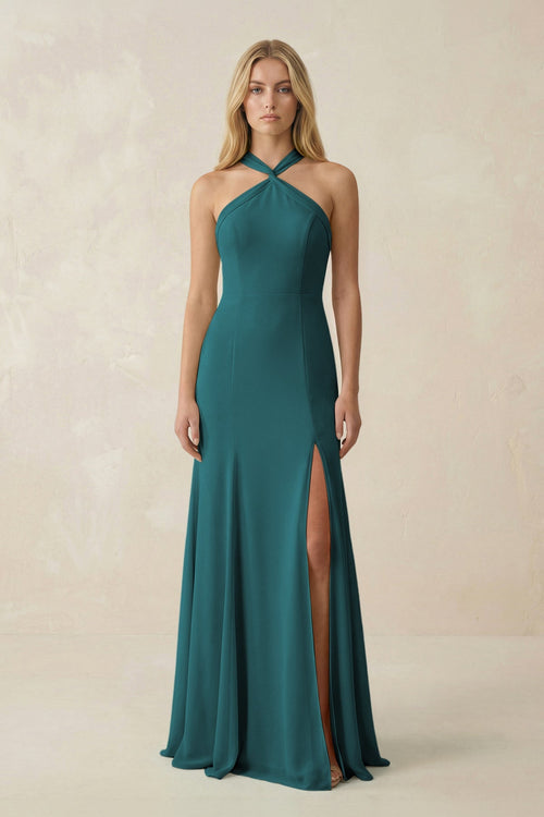 Halter Chiffon Mermaid Ruched Bridesmaid Dress in Pine - SHE IS ME Bridesmaid Dresses