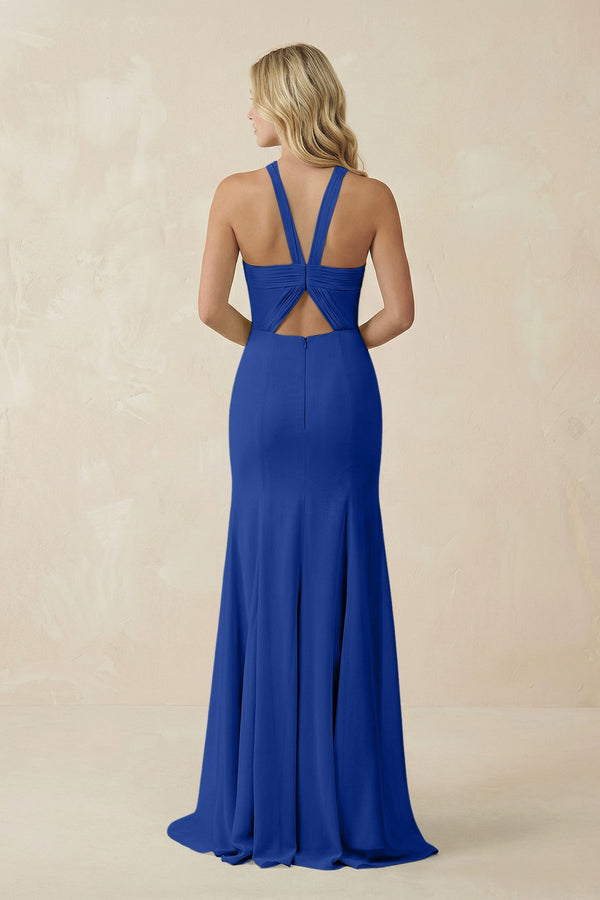 Halter Chiffon Mermaid Ruched Bridesmaid Dress in Royal Blue - SHE IS ME Bridesmaid Dresses