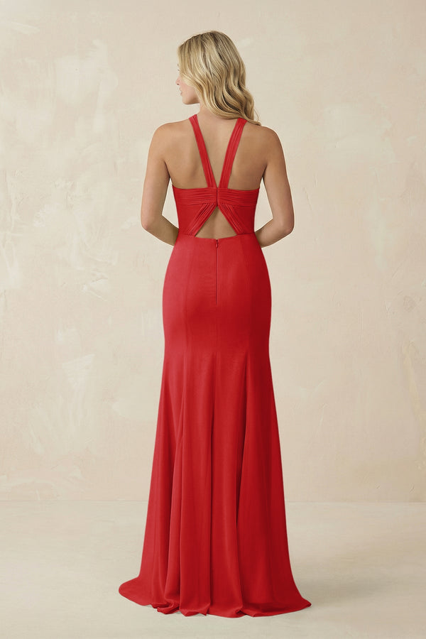 Halter Chiffon Mermaid Ruched Bridesmaid Dress in Ruby Red - SHE IS ME Bridesmaid Dresses