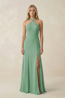 Halter Chiffon Mermaid Ruched Bridesmaid Dress in Sea Glass - SHE IS ME Bridesmaid Dresses
