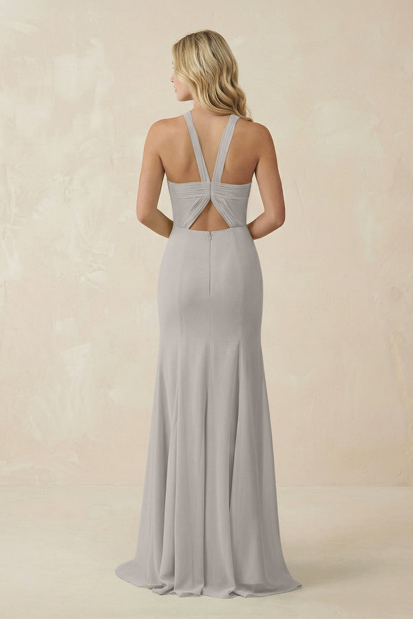 Halter Chiffon Mermaid Ruched Bridesmaid Dress in Silver - SHE IS ME Bridesmaid Dresses