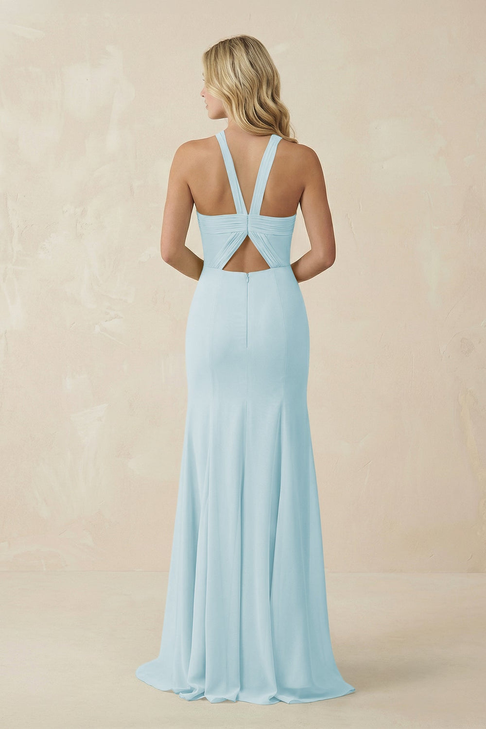 Halter Chiffon Mermaid Ruched Bridesmaid Dress in Sky Blue - SHE IS ME Bridesmaid Dresses