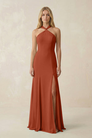 Halter Chiffon Mermaid Ruched Bridesmaid Dress in Spice - SHE IS ME Bridesmaid Dresses