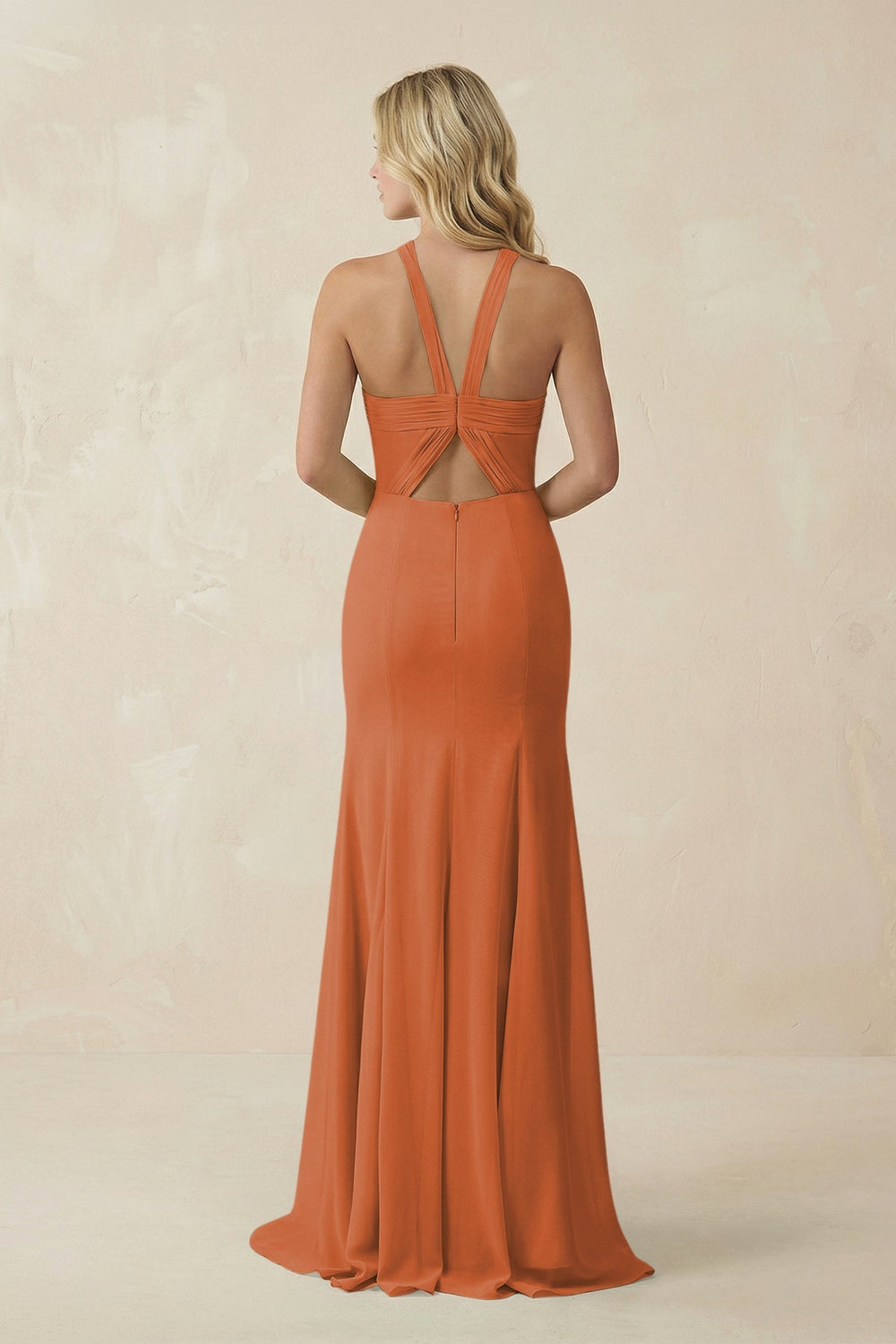 Halter Chiffon Mermaid Ruched Bridesmaid Dress in Terracotta - SHE IS ME Bridesmaid Dresses