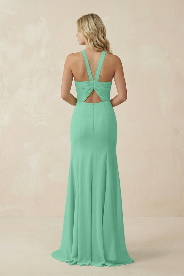 Halter Chiffon Mermaid Ruched Bridesmaid Dress in Turquoise - SHE IS ME Bridesmaid Dresses