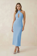 Halter Cut - Out Sheath Satin Midi Bridesmaid Dress in Sky Blue - SHE IS ME Bridesmaid Dresses