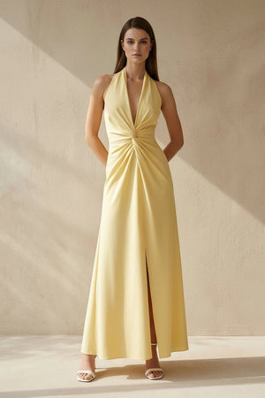 Halter Draped Maxi Dress With Slit in Yellow - SHE IS ME