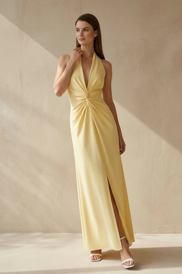 Halter Draped Maxi Dress With Slit in Yellow - SHE IS ME
