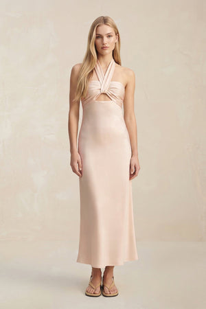 Halter Keyhole Sheath Midi Bridesmaid Dress in Buttercream - SHE IS ME Bridesmaid Dresses