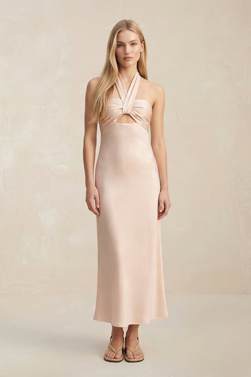 Halter Keyhole Sheath Midi Bridesmaid Dress in Buttercream - SHE IS ME Bridesmaid Dresses