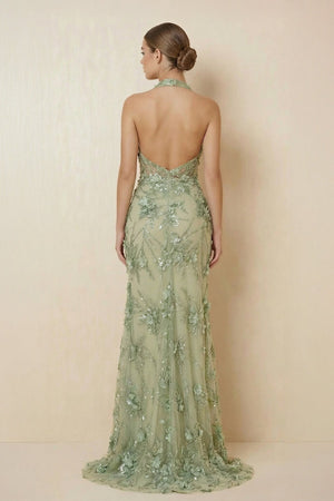 Halter Mermaid Floral Backless Maxi Dress in Sage - SHE IS ME 