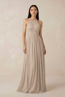 Halter Neck A - Line Chiffon Bridesmaid Dress in Almond - SHE IS ME Bridesmaid Dresses