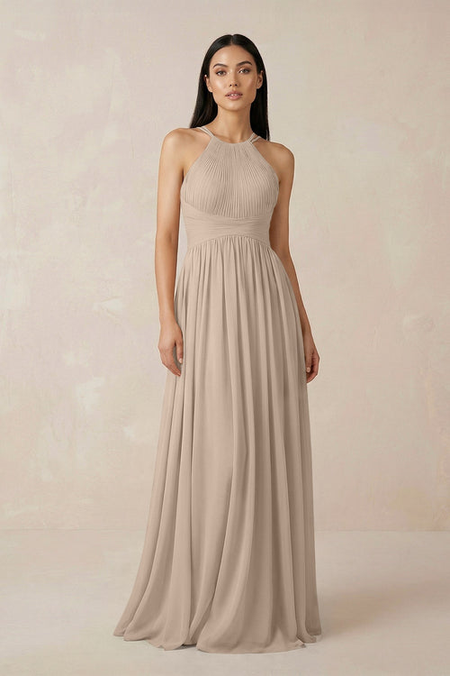 Halter Neck A - Line Chiffon Bridesmaid Dress in Almond - SHE IS ME Bridesmaid Dresses