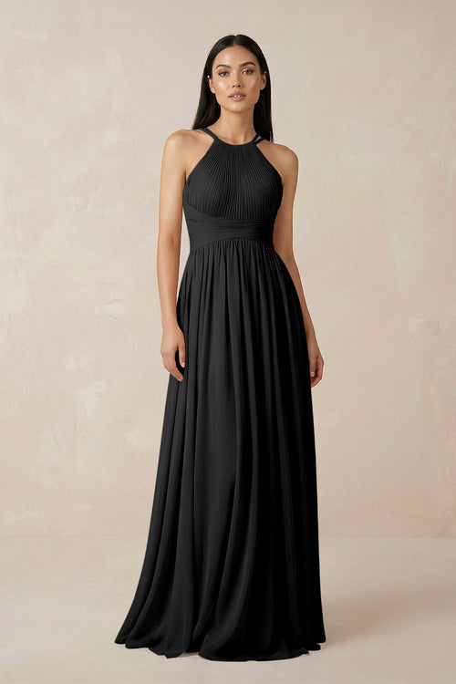 Halter Neck A - Line Chiffon Bridesmaid Dress in Black - SHE IS ME Bridesmaid Dresses