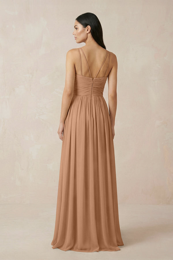 Halter Neck A - Line Chiffon Bridesmaid Dress in Bronzer - SHE IS ME Bridesmaid Dresses