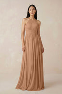 Halter Neck A - Line Chiffon Bridesmaid Dress in Bronzer - SHE IS ME Bridesmaid Dresses