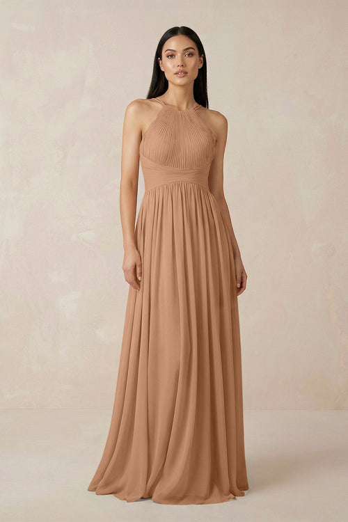 Halter Neck A - Line Chiffon Bridesmaid Dress in Bronzer - SHE IS ME Bridesmaid Dresses