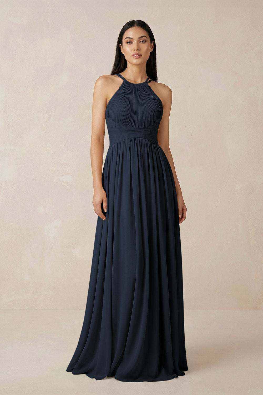 Halter Neck A - Line Chiffon Bridesmaid Dress in Dark Navy - SHE IS ME Bridesmaid Dresses