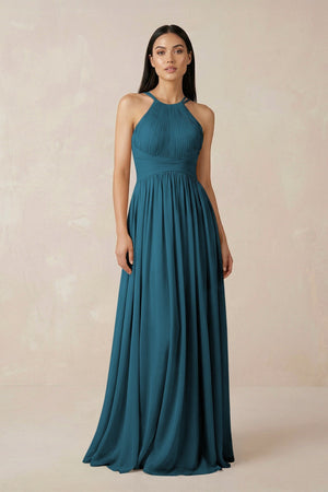 Halter Neck A - Line Chiffon Bridesmaid Dress in Dark Teal - SHE IS ME Bridesmaid Dresses