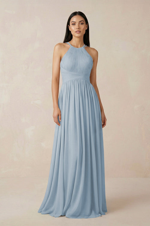 Halter Neck A - Line Chiffon Bridesmaid Dress in Dusty Blue - SHE IS ME Bridesmaid Dresses