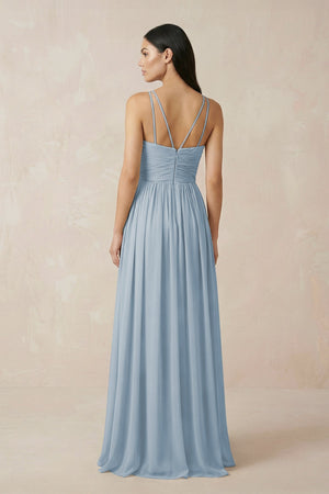 Halter Neck A - Line Chiffon Bridesmaid Dress in Dusty Blue - SHE IS ME Bridesmaid Dresses