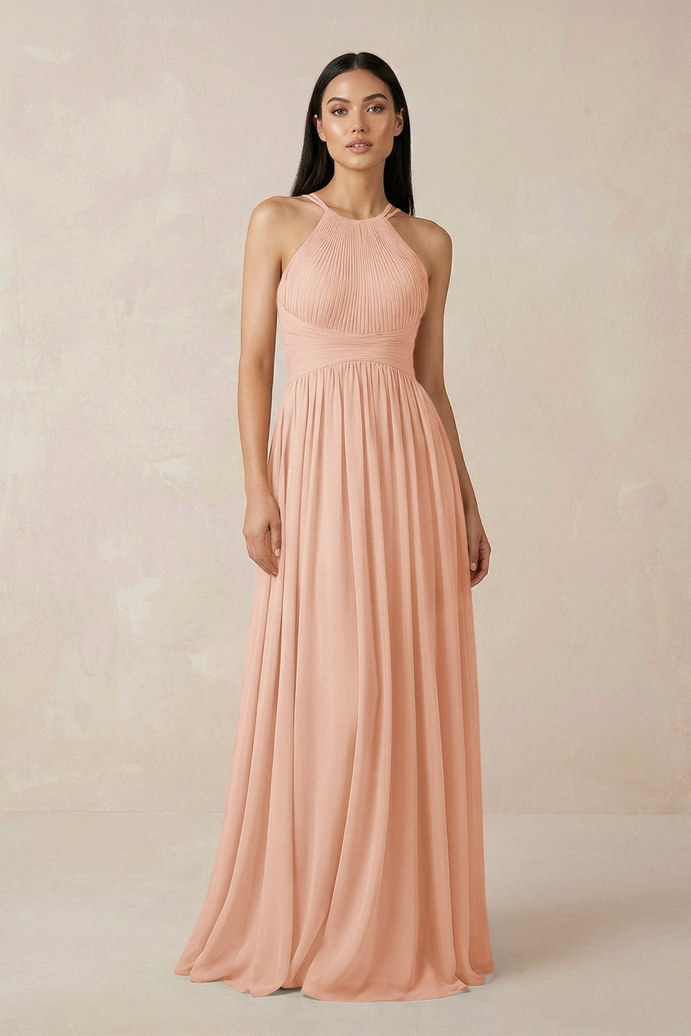 Halter Neck A - Line Chiffon Bridesmaid Dress in English Rose - SHE IS ME Bridesmaid Dresses