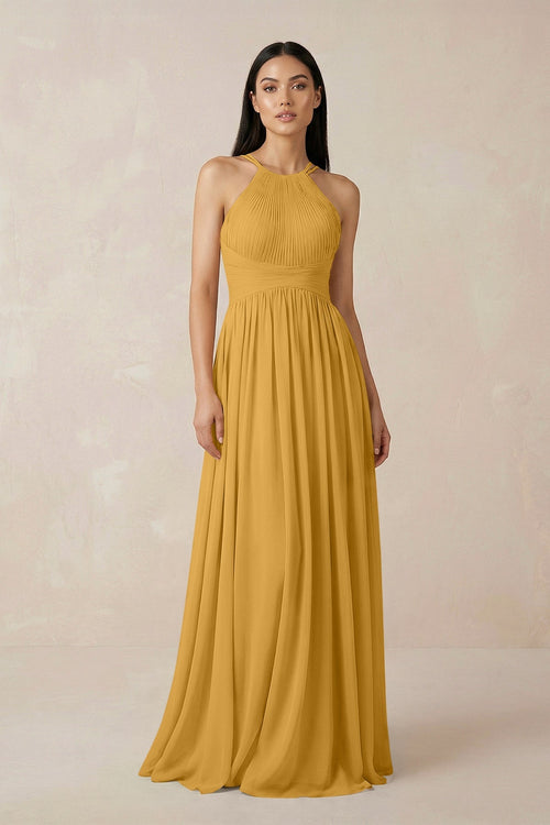 Halter Neck A - Line Chiffon Bridesmaid Dress in Marigold - SHE IS ME Bridesmaid Dresses