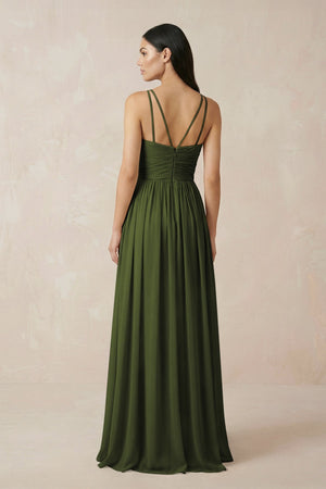 Halter Neck A - Line Chiffon Bridesmaid Dress in Olive - SHE IS ME Bridesmaid Dresses