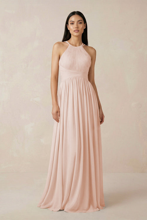 Halter Neck A - Line Chiffon Bridesmaid Dress in Pale Blush - SHE IS ME Bridesmaid Dresses