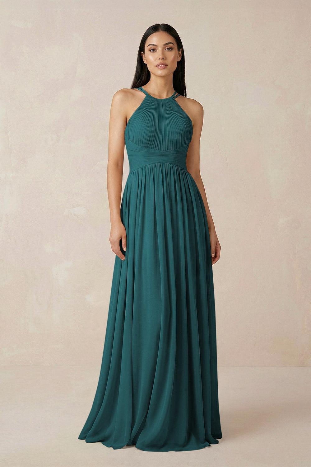 Halter Neck A - Line Chiffon Bridesmaid Dress in Pine - SHE IS ME Bridesmaid Dresses
