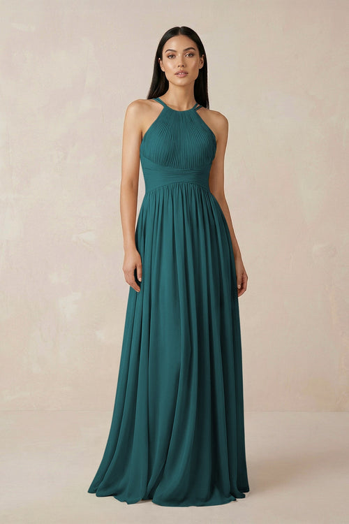 Halter Neck A - Line Chiffon Bridesmaid Dress in Pine - SHE IS ME Bridesmaid Dresses