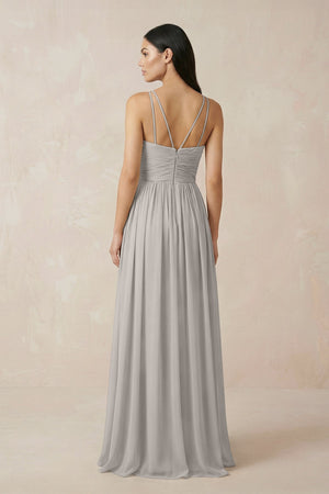 Halter Neck A - Line Chiffon Bridesmaid Dress in Silver - SHE IS ME Bridesmaid Dresses