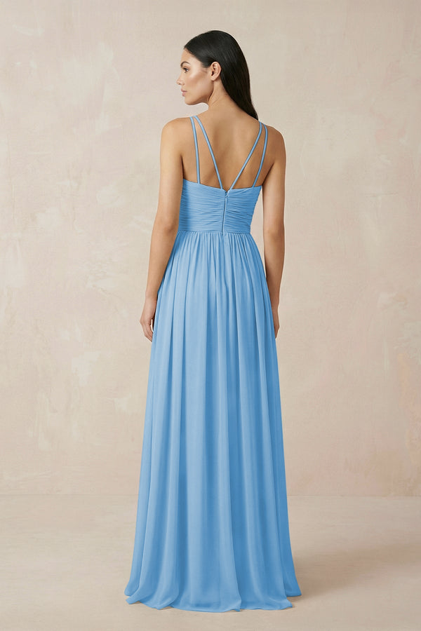 Halter Neck A - Line Chiffon Bridesmaid Dress in Steel Blue - SHE IS ME Bridesmaid Dresses