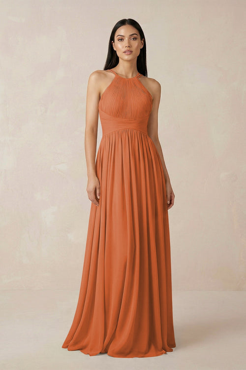 Halter Neck A - Line Chiffon Bridesmaid Dress in Terracotta - SHE IS ME Bridesmaid Dresses