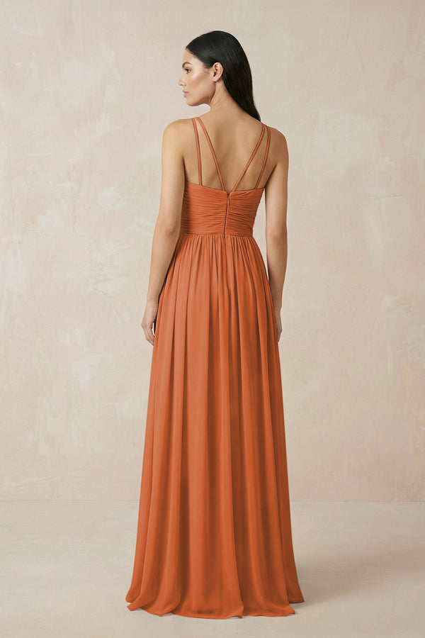 Halter Neck A - Line Chiffon Bridesmaid Dress in Terracotta - SHE IS ME Bridesmaid Dresses