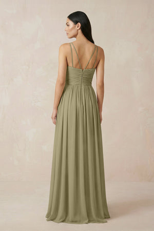Halter Neck A - Line Chiffon Bridesmaid Dress in Thyme - SHE IS ME Bridesmaid Dresses