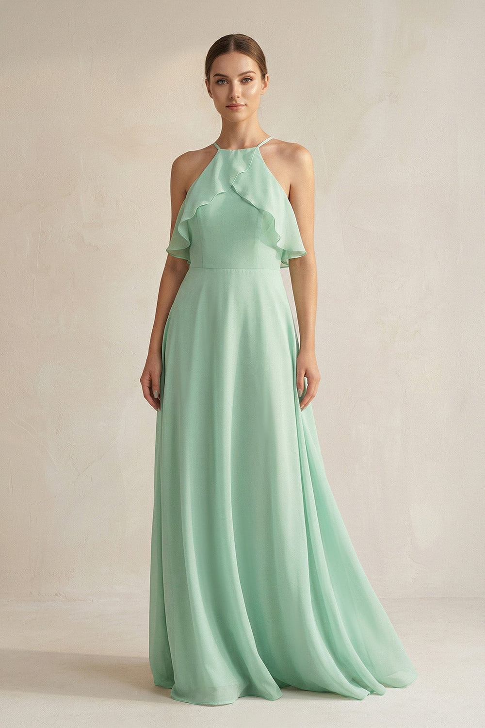 Halter Neck A-Line Chiffon Bridesmaid Dress with Keyhole in Pale Pistachio - SHE IS ME BRIDESMAID DRESSES