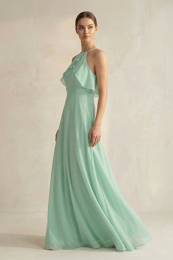Halter Neck A-Line Chiffon Bridesmaid Dress with Keyhole in Pale Pistachio - SHE IS ME BRIDESMAID DRESSES