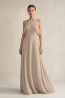 Halter Neck A - Line Chiffon Bridesmaid Dress with Keyhole in Almond - SHE IS ME Bridesmaid Dresses