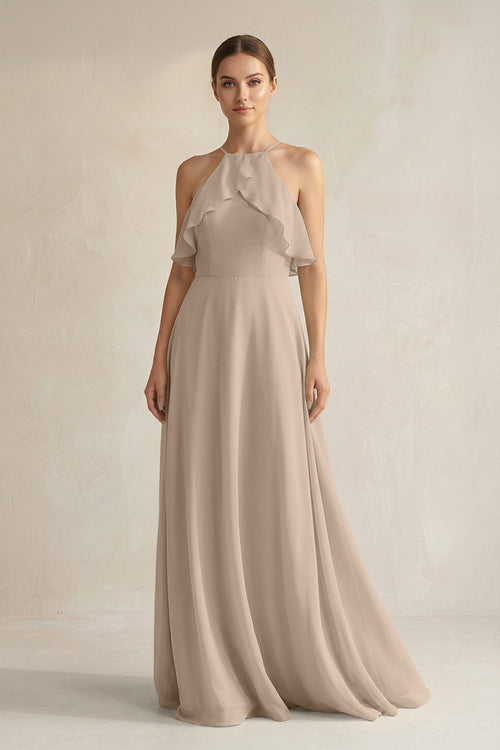 Halter Neck A - Line Chiffon Bridesmaid Dress with Keyhole in Almond - SHE IS ME Bridesmaid Dresses