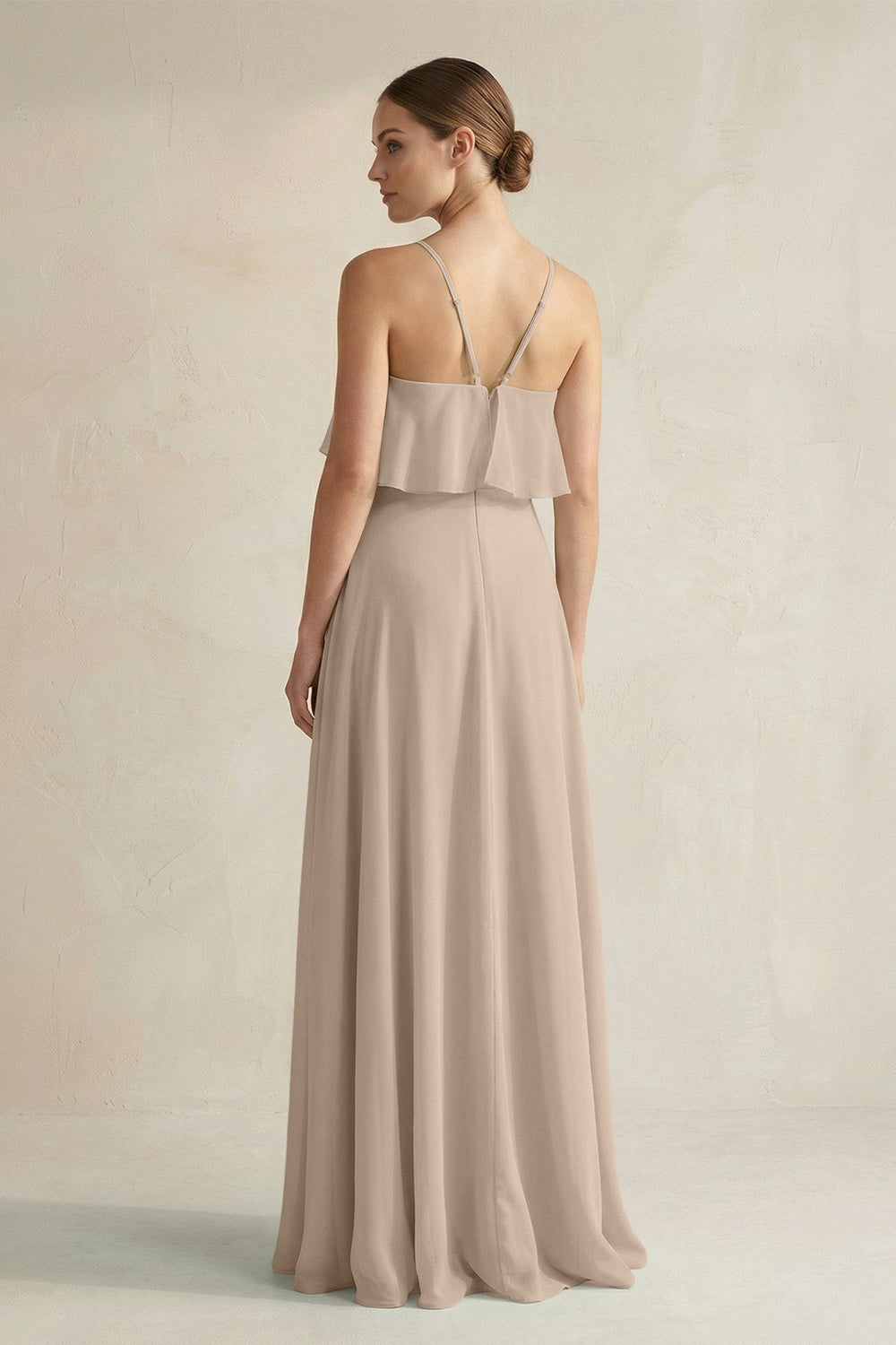 Halter Neck A - Line Chiffon Bridesmaid Dress with Keyhole in Almond - SHE IS ME Bridesmaid Dresses