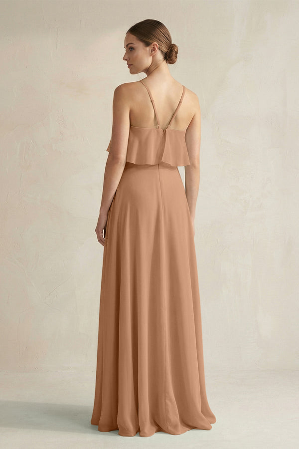Halter Neck A - Line Chiffon Bridesmaid Dress with Keyhole in Bronzer - SHE IS ME Bridesmaid Dresses