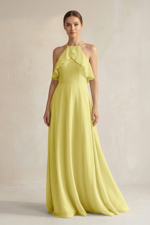Halter Neck A - Line Chiffon Bridesmaid Dress with Keyhole in Buttercup - SHE IS ME Bridesmaid Dresses