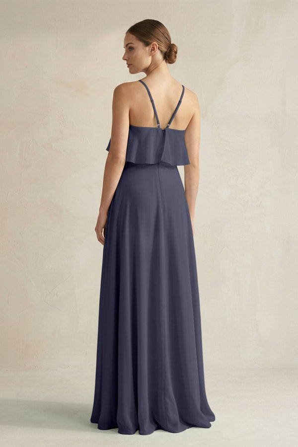 Halter Neck A - Line Chiffon Bridesmaid Dress with Keyhole in Dusk Blue - SHE IS ME Bridesmaid Dresses