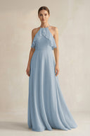 Halter Neck A - Line Chiffon Bridesmaid Dress with Keyhole in Dusty Blue - SHE IS ME Bridesmaid Dresses