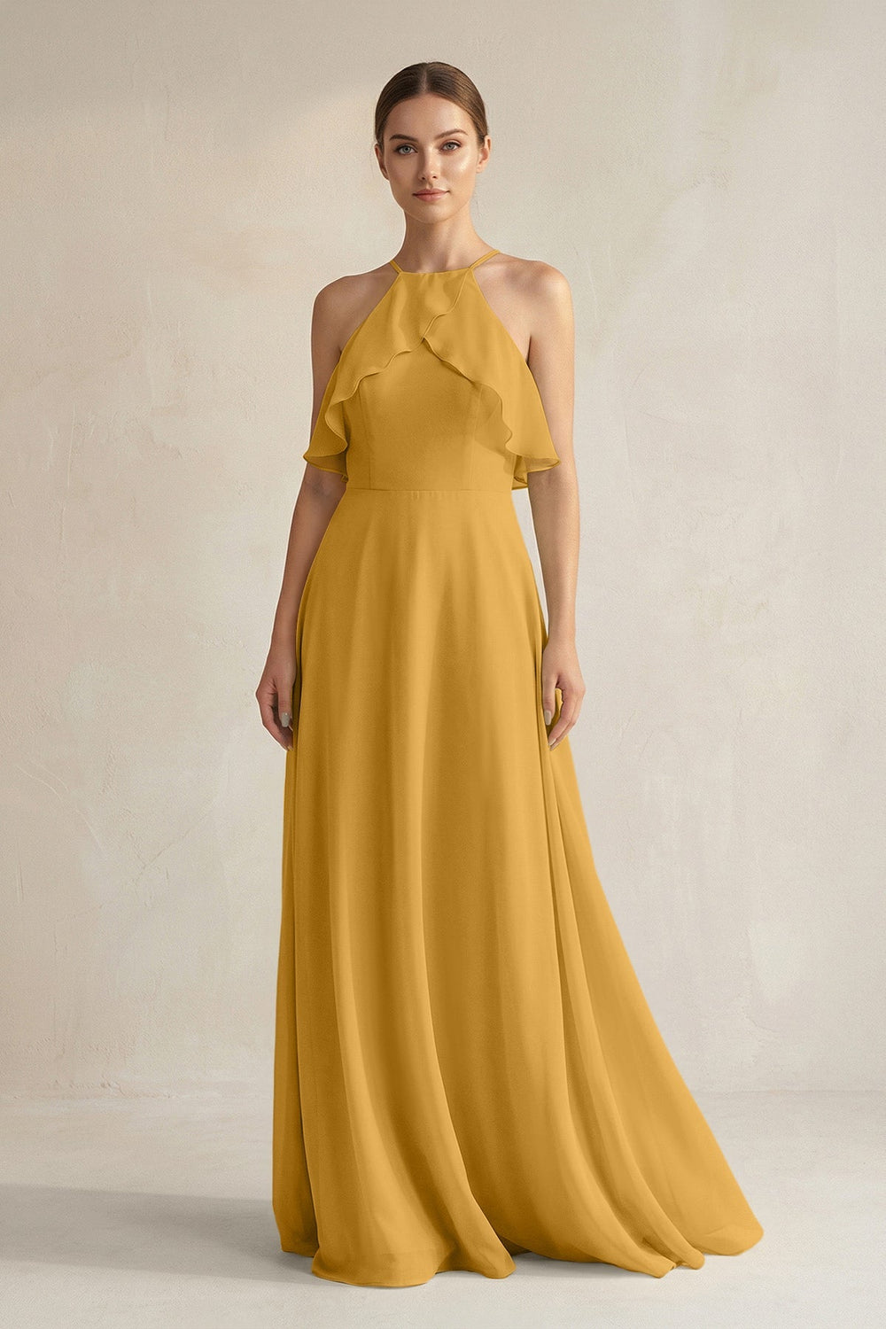 Halter Neck A - Line Chiffon Bridesmaid Dress with Keyhole in Marigold - SHE IS ME Bridesmaid Dresses