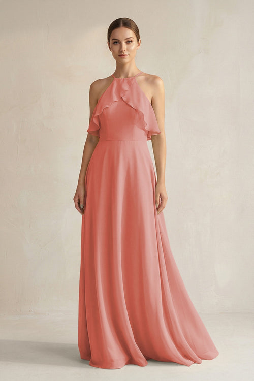 Halter Neck A - Line Chiffon Bridesmaid Dress with Keyhole in Mulberry - SHE IS ME Bridesmaid Dresses
